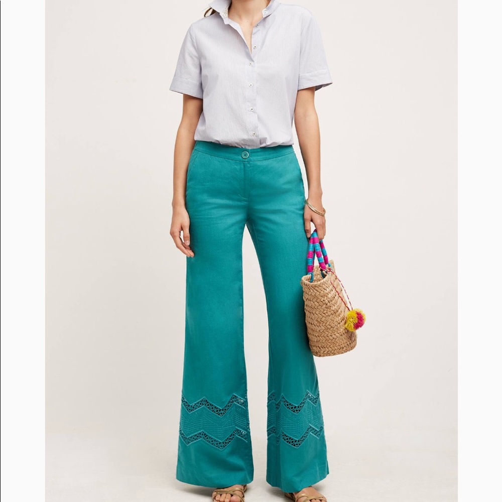 Anthropologie Elevenses Teal Linen wide leg pant 8